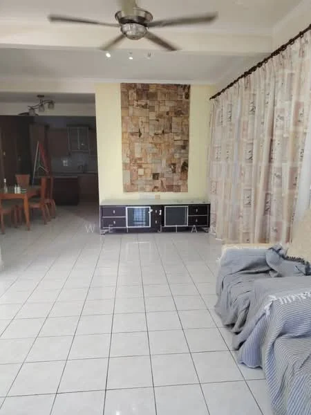 Living features: white tiled flooring, cream painted walls, exposed stone feature wall, 5-blade ceiling fan, large window with sheer curtains, TV console with glass doors, decorative throw blanket on sofa, open layout to dining area, natural light from window; style: modern.