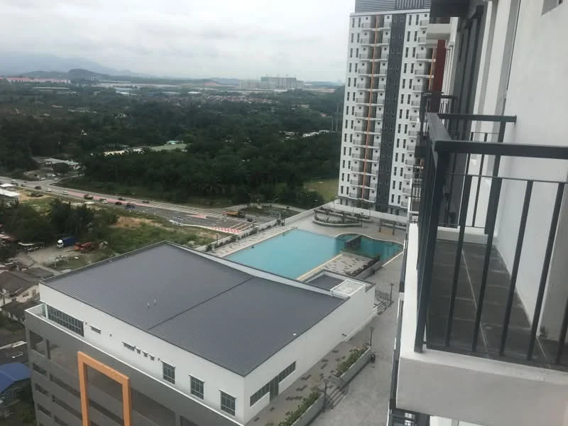 Exterior type: high-rise condominium; features: infinity pool, pool deck with loungers, surrounded by greenery, view of city skyline, modern architectural design, balcony with railing, multiple storeys, landscaped garden area; style: modern.