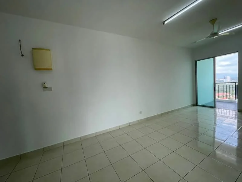 Room features: white painted walls, tile flooring, ceiling fan, sliding glass door, floor-to-ceiling windows, natural light, balcony access, neutral color scheme; style: modern; view: city.