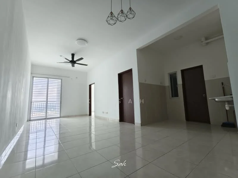Living features: white painted walls, glossy ceramic tile flooring, 5-blade ceiling fan, recessed ceiling lights, large windows with horizontal blinds, open layout, neutral color scheme, doorway leading to another room; style: modern; view: city. Room features: white painted walls, glossy ceramic tile flooring, doorway leading to bathroom, sink with wall-mounted faucet.