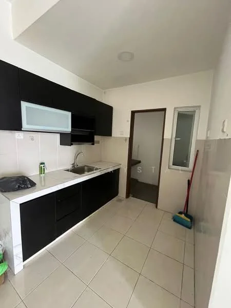 Kitchen features: black cabinetry, white countertop, single-bowl stainless-steel sink, chrome pull-down faucet, built-in oven, ceramic tile flooring, white tiled backsplash, window with clear glass, doorway leading to another room, sweeping broom, cleaning supplies, light fixture in ceiling; style: modern.