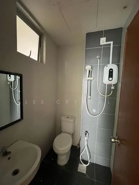 Bathroom features: white ceramic toilet, single-sink vanity with wall-mounted faucet, mirror above sink, shower with handheld showerhead, wall-mounted water heater, grey tiled walls, black tiled flooring, window for natural light; style: modern.