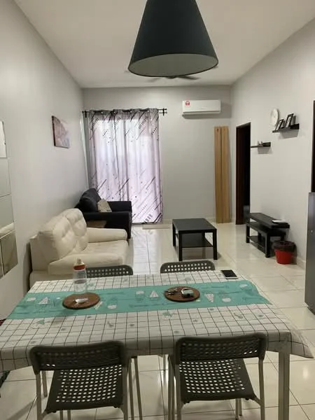 Living features: white painted walls, glossy tile flooring, sofa in cream color, black coffee table, wall-mounted TV, air conditioning unit, curtains with geometric pattern, decorative wall shelf, dining table with checkered tablecloth, grey dining chairs; style: modern.
