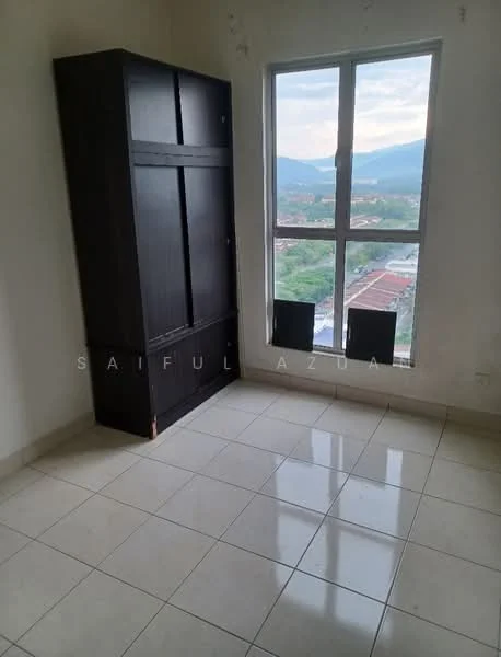 Room features: white painted walls, tile flooring, large window with mountain view, built-in wardrobe, neutral color scheme; style: modern; view: mountain.
