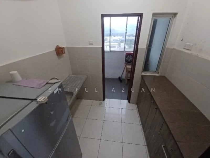 Kitchen features: stainless-steel fridge, grey countertop, wood cabinetry, white tiled walls, white tiled flooring, sink, window with view, door leading outside, dartboard on wall.