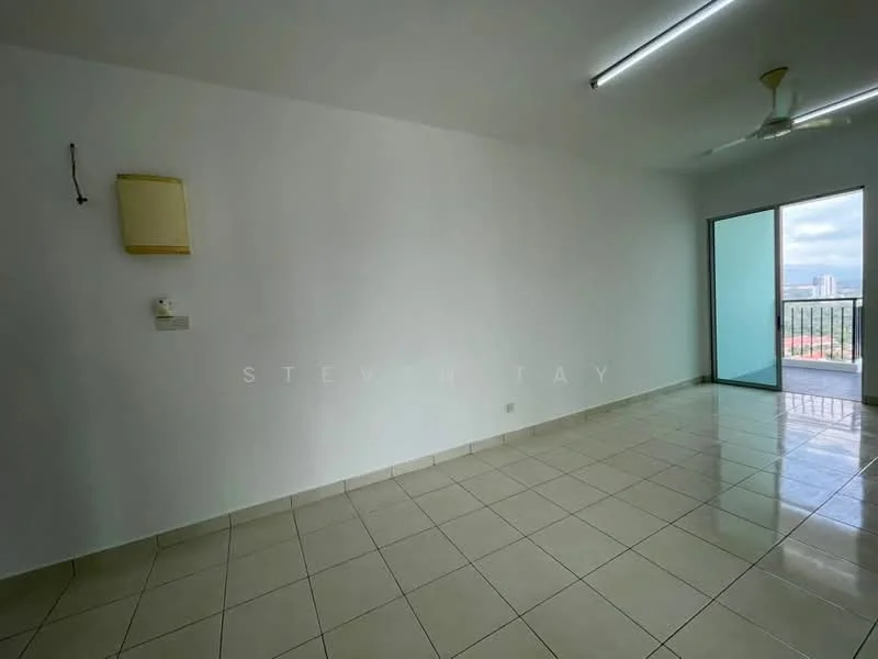 Room features: white painted walls, tile flooring, ceiling fan, sliding glass door, floor-to-ceiling windows, balcony access, natural light, neutral color scheme; style: modern; view: city.
