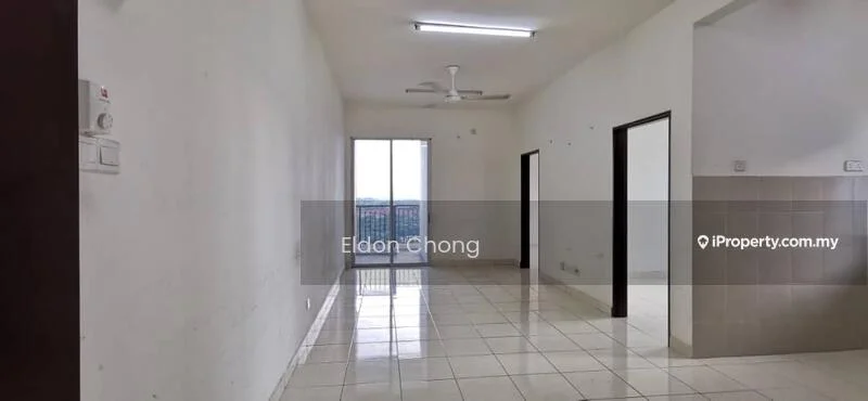 Room features: white painted walls, glossy ceramic tile flooring, ceiling with fluorescent lighting, sliding glass door, floor-to-ceiling windows, view of the outside, two doorways leading to other rooms, no visible furniture; style: minimalist; view: city.