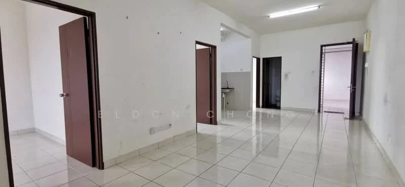 Room features: white painted walls, tile flooring, fluorescent ceiling lights, door frames, two doorways leading to other rooms, kitchen area visible in the background, open layout, neutral color scheme; style: minimalist.