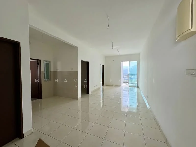 Room features: white painted walls, glossy ceramic tile flooring, large windows with natural light, open layout, ceiling lights, neutral color scheme, doorway leading to another room, sliding glass door, view of outdoor space; style: modern; view: city.