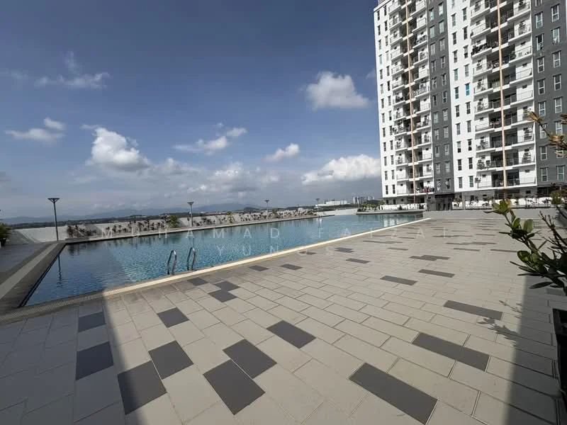 Exterior type: high-rise condominium; features: infinity pool, pool deck with loungers, surrounding landscaped area, tiled flooring around pool, city skyline view in background, multiple floors of residential units, outdoor lighting fixtures; style: modern.