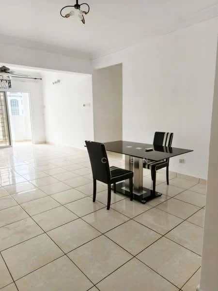 Dining features: square dining table with glass top, 4 black dining chairs, white painted walls, cream tiled flooring, ceiling light fixture, floor-to-ceiling windows, sliding glass door, open layout to living area; style: modern.