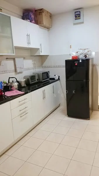 Kitchen features: white cabinetry with flat-panel doors, black countertop, stainless-steel sink, chrome pull-down faucet, built-in microwave, freestanding black fridge, ceramic tile flooring, wall-mounted kitchen shelf, kitchen utensils on countertop, box storage on top shelf; style: modern.