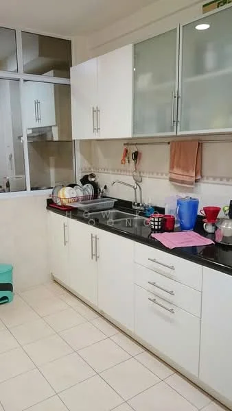Kitchen features: white shaker cabinets, black granite countertop, single-bowl stainless-steel sink, chrome pull-down faucet, glass-front upper cabinets, ceramic tile flooring, wall-mounted window with grid, dish rack, various kitchen utensils, pink hand towel, blue plastic container, colorful cups and bottles; style: modern.