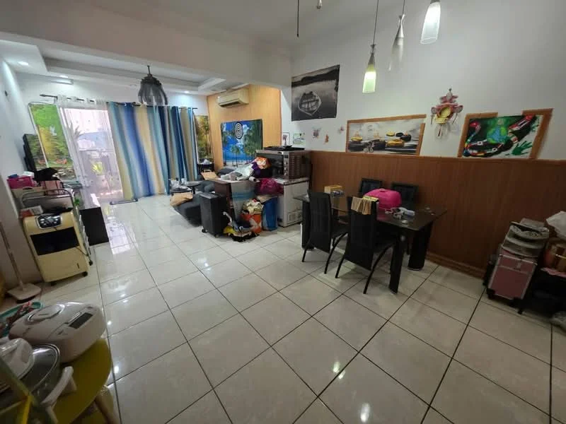 Living features: white painted walls, glossy ceramic tile flooring, recessed downlights, 5-blade ceiling fan, floor-to-ceiling windows, sheer curtains, dining table with chairs, wall-mounted TV, decorative wall art, air conditioning unit, open shelving, various storage boxes, potted plants; style: modern; view: garden.