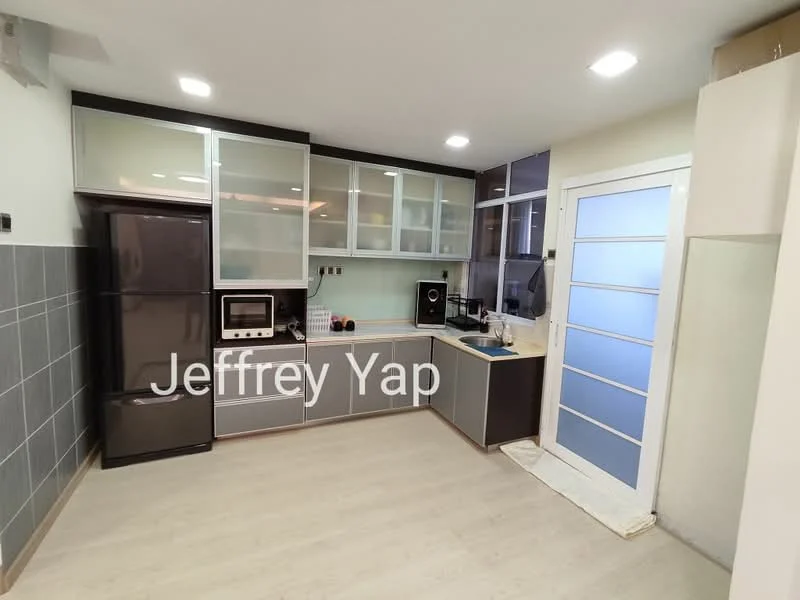 Kitchen features: grey cabinetry with glass fronts, white countertop, single-bowl stainless-steel sink, chrome pull-down faucet, built-in microwave, freestanding black fridge, ceramic tile backsplash, recessed LED downlights, light wood laminate flooring, sliding glass door, wall-mounted coffee machine, kitchen island with seating; style: modern.