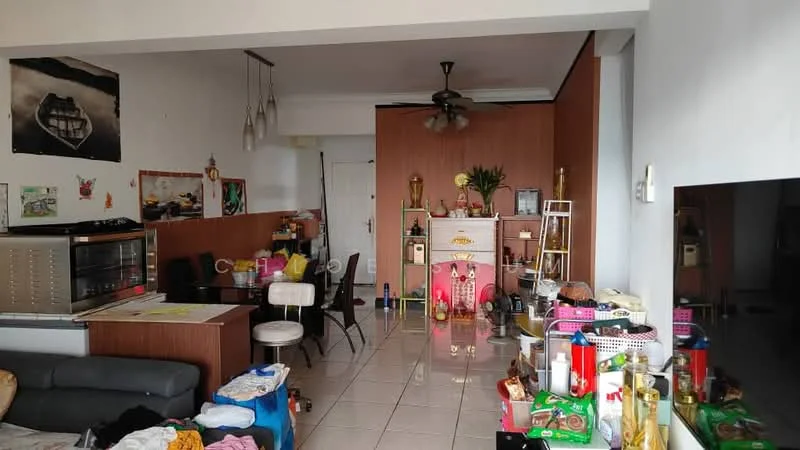 Living features: grey fabric sofa, white dining chairs, wooden dining table, ceiling fan, wall-mounted TV, tile flooring, decorative wall art, open shelving unit, various decorative items, white walls, light fixtures, glass display cabinet; style: modern.