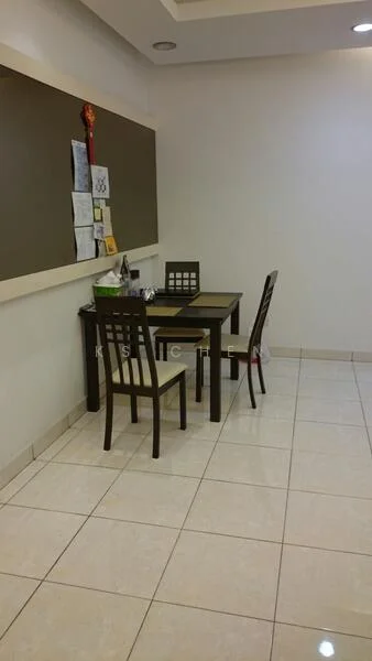 Dining features: square dining table in dark wood, two wooden dining chairs, white ceramic floor tiles, cream painted walls, decorative wall board with notes and decorations, recessed ceiling lights; style: modern.