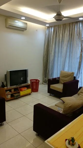 Living features: 2-seater fabric sofa in beige, 2 armchairs in dark purple, coffee table, TV console, wall-mounted TV, 1 wall-mounted split AC, recessed LED downlights, curtains in light grey, tile flooring, decorative basket, open shelving unit; style: modern.
