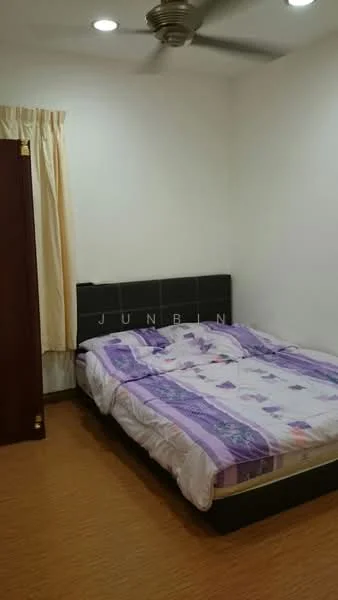 Bedroom features: queen-size bed, upholstered headboard, bedside lamps, curtains, ceiling fan, wooden flooring, decorative wall, light-colored walls.