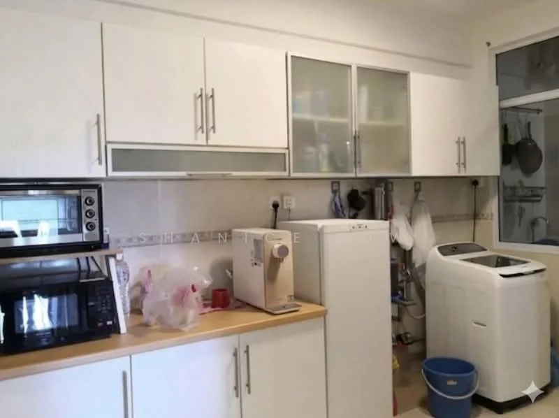 Kitchen features: white cabinetry, glass-front upper cabinets, wood countertop, stainless-steel microwave, stainless-steel fridge, white water dispenser, front-load washing machine, tile backsplash, ceramic tile flooring, window with sheer curtains; style: modern.