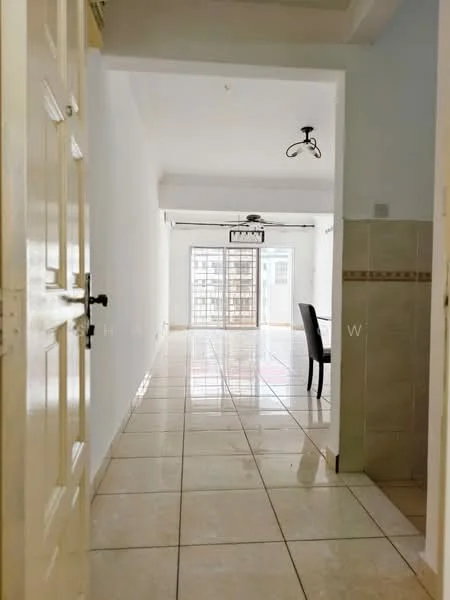 Room features: white painted walls, glossy tile flooring, recessed ceiling lights, ceiling fan, glass sliding door, dining table with chairs, open layout, natural light from windows; style: modern.