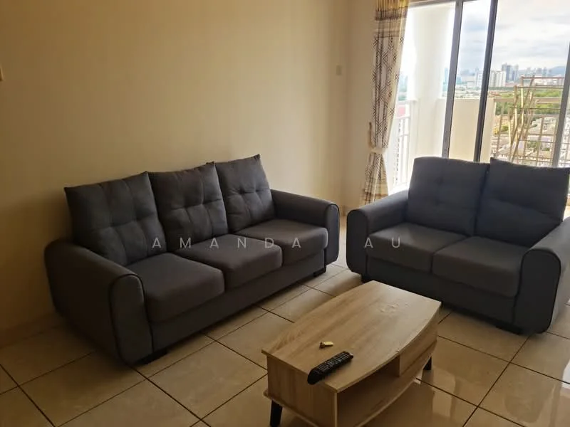 Living features: 2-seater fabric sofa in grey, 3-seater fabric sofa in grey, coffee table, floor-to-ceiling windows, tile flooring, curtains with geometric pattern, city view, light-colored walls; style: modern; view: city.