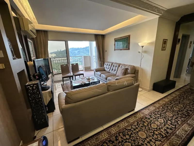 Living features: 2-seater leather sofa in beige, 3-seater leather sofa in beige, coffee table, wall-mounted TV, TV console, area rug with geometric pattern, floor-to-ceiling windows, curtains, wall-mounted air conditioning unit, decorative artwork, recessed downlights, cream painted walls, tile flooring; style: contemporary; view: mountain.