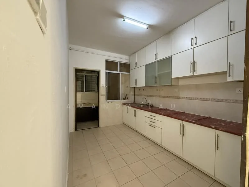 Kitchen features: white cabinetry with silver handles, red marble countertop, single-bowl stainless-steel sink, chrome pull-down faucet, built-in oven, ceramic tile flooring, wall-mounted cabinets, window above sink, tile backsplash, recessed ceiling lights; style: modern.