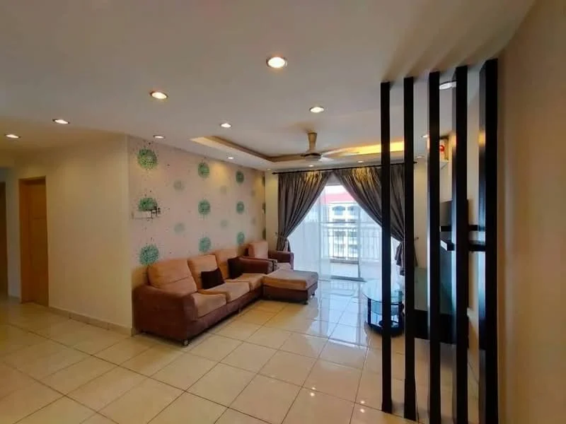 Living features: cream tiled flooring, white painted walls, feature wall with green circular patterns, 5-blade ceiling fan with light, recessed downlights, large windows with sheer curtains, brown fabric L-shape sectional sofa, glass coffee table, decorative wall paneling, sliding glass door, balcony view; style: modern; view: city.