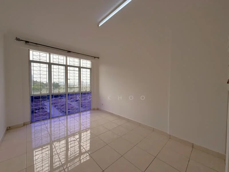 Room features: white painted walls, glossy tile flooring, large windows with grid pattern, natural light from windows, curtains, view of greenery outside; style: modern; view: garden.