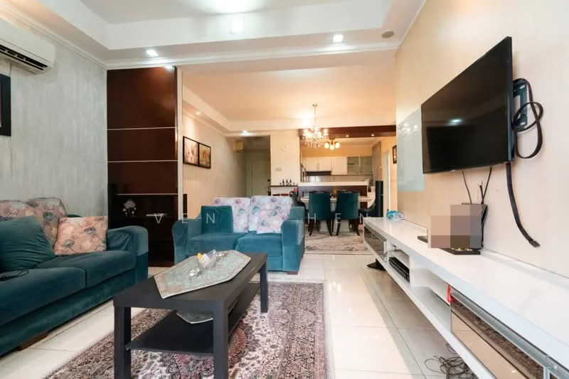 Living features: 2-seater fabric sofa in teal, 3-seater fabric sofa in teal with floral pattern, coffee table with glass top, area rug with intricate pattern, wall-mounted TV, TV console in white, recessed downlights, air conditioning unit, decorative wall art, ceiling with crown moulding, light fixture with chandelier style; style: modern.