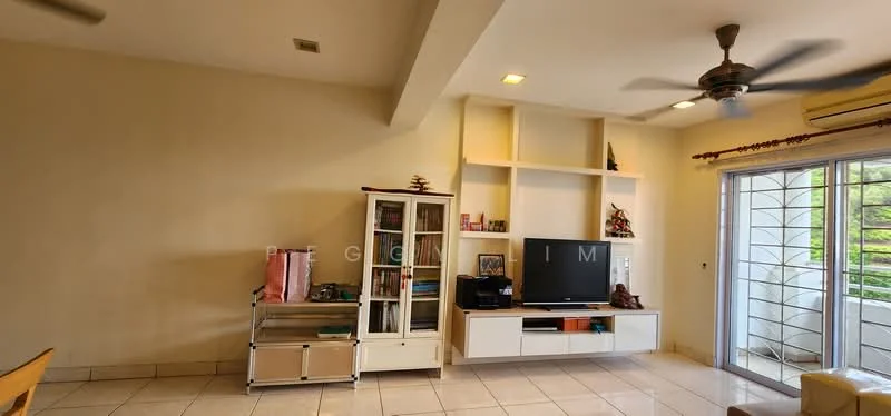 Living features: cream painted walls, white ceiling, 5-blade ceiling fan with light, recessed downlights, large sliding glass door, floor-to-ceiling windows, white TV console, glass display cabinet, tile flooring, decorative wall shelf, wooden dining table, upholstered chair; style: modern; view: garden.