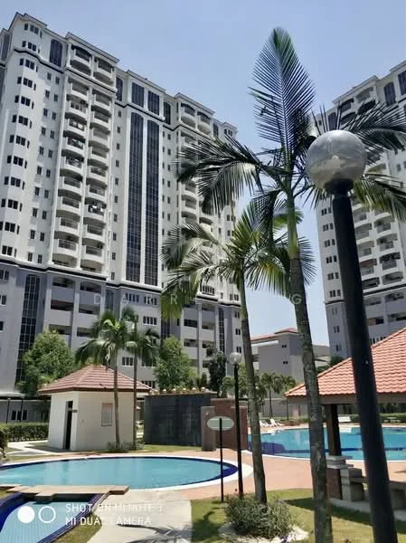 Exterior type: high-rise condominium; features: swimming pool, landscape garden, palm trees, manicured lawn, outdoor lighting, covered pavilion, multiple storeys, glass curtain wall, red brick facade, balconies, water feature; style: modern.