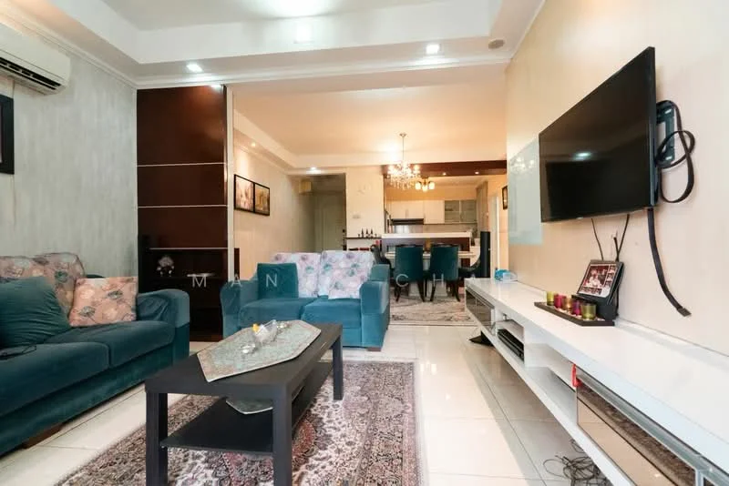 Living features: 2-seater fabric sofa in teal, 3-seater fabric sofa in teal, coffee table, area rug with intricate pattern, wall-mounted TV, TV console, recessed downlights, decorative wall paneling, white tiled flooring, air conditioning unit, chandelier, framed artwork on walls; style: modern.