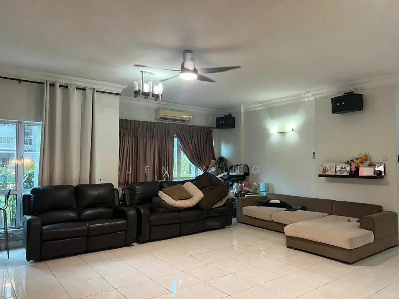Living features: 3-seater leather sofa in black, 2-seater fabric sofa in beige, ceiling fan with light, recessed downlights, floor-to-ceiling windows, curtains, white painted walls, glossy tile flooring, air conditioning unit, decorative wall-mounted lights; style: modern.