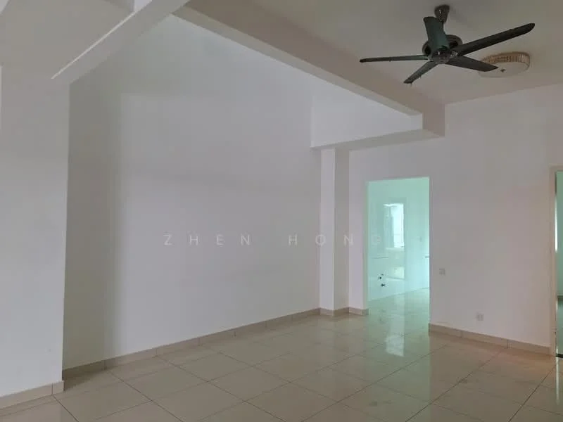 Room features: white painted walls, polished ceramic tile flooring, exposed beams on ceiling, ceiling fan, large windows, open layout, neutral color scheme, natural light; style: modern.