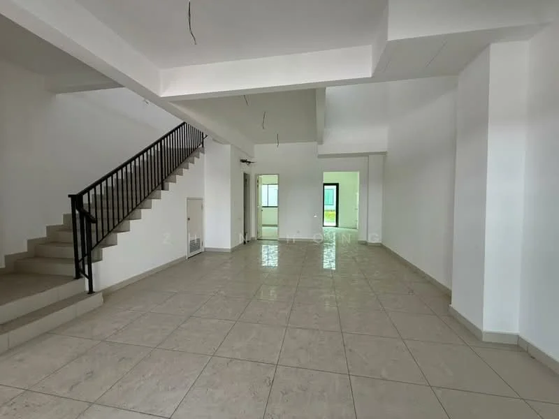 Room features: white painted walls, tile flooring, staircase with black metal railing, large windows, open layout, high ceiling, natural light, neutral color scheme; style: modern; view: garden.