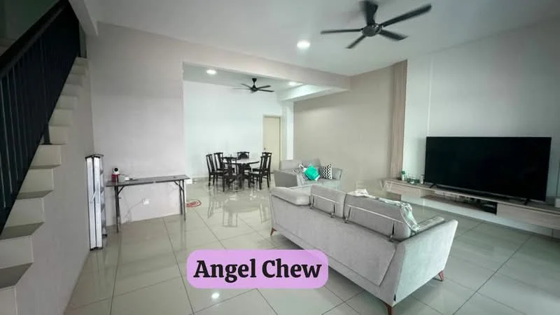 Living features: light grey walls, white ceiling, recessed downlights, 2 ceiling fans, large flat-screen TV on console, light grey sofa, coffee table, tile flooring, dining table with 6 chairs, staircase visible on left; style: modern.