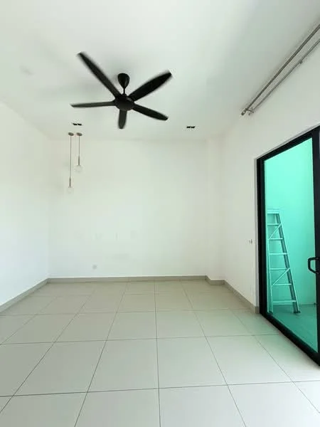 Room features: white painted walls, tile flooring, 5-blade ceiling fan, 2 pendant lights, sliding glass door, ladder visible; style: modern.