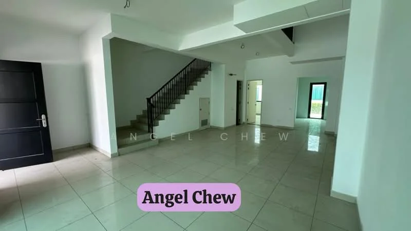 Room features: white painted walls, tile flooring, staircase with black railing, large windows, door leading outside, high ceiling, open layout, neutral color scheme; style: modern.