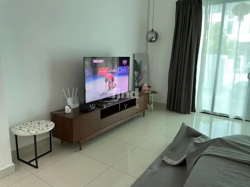 Living features: large flat-screen TV, wooden TV console, white walls, grey sofa, decorative side table with patterned top, floor-to-ceiling windows with sheer curtains, glossy tile flooring, hanging pendant light; style: modern.