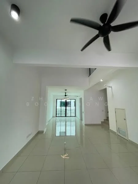 Living features: white painted walls, glossy ceramic tile flooring, 5-blade ceiling fan with light, recessed downlights, large sliding glass door, balcony access, staircase, open layout; style: modern.