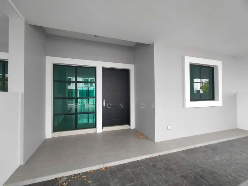 Exterior features: grey painted facade, black front door, large glass windows with black frames, white window trim, stone-paved walkway, covered entryway, minimalist design; style: modern.