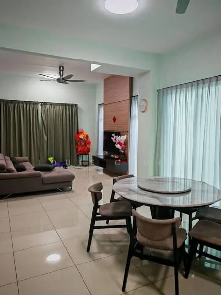 Living features: 3-seater fabric sofa in grey, marble-top dining table, 4 dining chairs, ceiling fan with light, large windows with sheer curtains, green curtains, tile flooring, wall-mounted TV, decorative wall with flowers, light fixture in ceiling; style: modern.