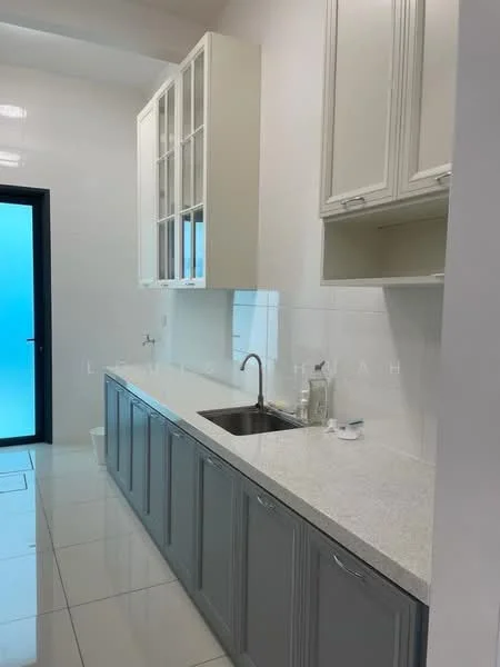 Kitchen features: grey cabinetry with glass-front upper cabinets, white granite countertop, single-bowl stainless-steel sink, chrome pull-down faucet, white tiled backsplash, white walls, white tiled flooring, recessed downlights, floor-to-ceiling window, door leading outside; style: modern.