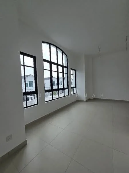 Room features: white painted walls, large arched windows, grey tile flooring, two pendant lights, natural light from windows, minimalist design; style: modern; view: garden.