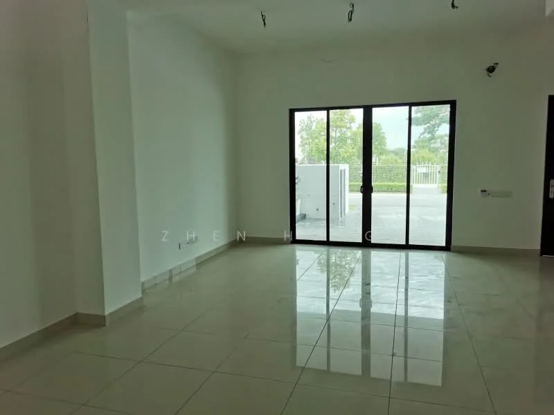 Room features: white painted walls, glossy ceramic tile flooring, large sliding glass door, natural light from windows, recessed ceiling lights, minimalist design, open layout, view of outdoor space; style: modern; view: garden.