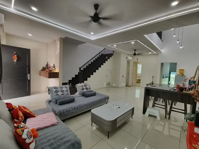 Living features: grey fabric sofa, two grey cushions, pink decorative pillow, white coffee table, flat-screen TV on console, dining table with four chairs, ceiling fan with light, recessed LED downlights, white tiled flooring, staircase with black railing, decorative wall art, wall-mounted shelves; style: modern.