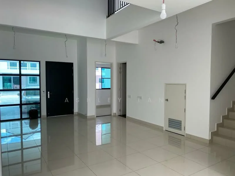 Room features: white painted walls, glossy ceramic tile flooring, large floor-to-ceiling windows, black front door, staircase leading to upper floor, air vent, light fixture with exposed bulb, doorway leading to another room; style: modern.