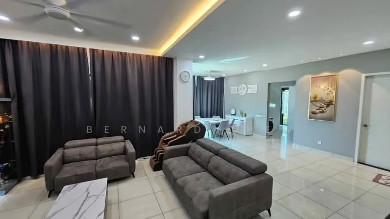 Living features: grey fabric 3-seater sofa, grey fabric 2-seater sofa, marble coffee table, white tiled flooring, recessed ceiling lights, 5-blade ceiling fan, black curtains, wall clock, decorative wall art, open layout to dining area; style: modern. Dining features: dining table for 4, white chairs, open layout to living area; style: modern.